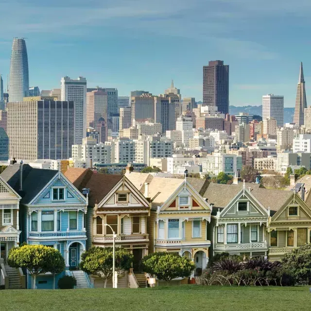 Picknicker sitzen im Gras im Alamo Square Park mit den 画女士 und der Skyline von San Francisco im Hintergrund.